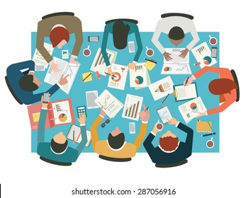 Diverse businesspeople working, sharing idea, presenting, communicating, discussing, at meeting table. Flat design. Top view. 