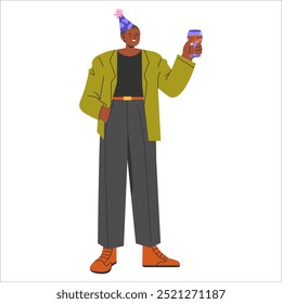 Diverse businesswoman concept. Confident female professional celebrating with party hat and drink. Inclusion and success in the workplace. Vector illustration.