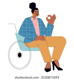 Diverse businesswoman concept. Confident female professional seated with an assured gesture. Inclusive workplace representation. Vector illustration.