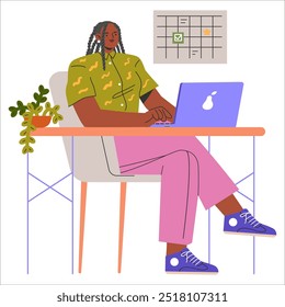 Diverse businesswoman concept. A female professional works diligently on a laptop at a modern workspace with a planner and houseplant. Vector illustration.
