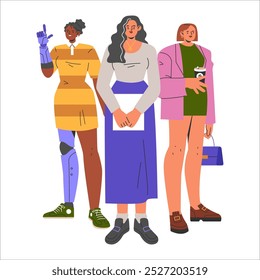 Concepto diverso de las mujeres de negocios. Cultura corporativa inclusiva con mujeres en atuendo profesional. Empoderamiento, liderazgo y trabajo en equipo. Ilustración vectorial.