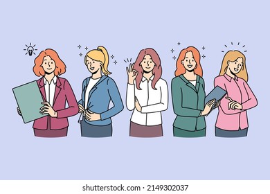 Diverse businesswomen in formalwear feel confident and successful at workplace. Female business group or team show leadership and unity. Feminism and employment. Vector illustration. 