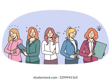 Diverse businesswomen in formalwear feel confident and successful at workplace. Female business group or team show leadership and unity. Feminism and employment. Vector illustration.