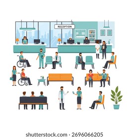 Cena da área de recepção do hospital diversificada e ocupada isolada no fundo branco plano.