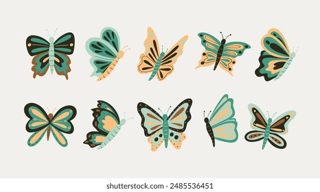 Diverse butterfly illustrations. Illustrated in a detailed and vibrant flat style. Ideal for nature-themed designs and decorations.