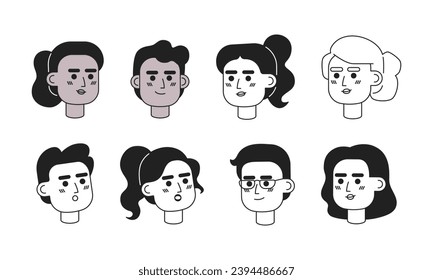 Diverse buyers sellers black and white 2D vector avatars illustration set. Realtor business people outline cartoon character faces isolated. Salespeople flat user profile images collection, portraits