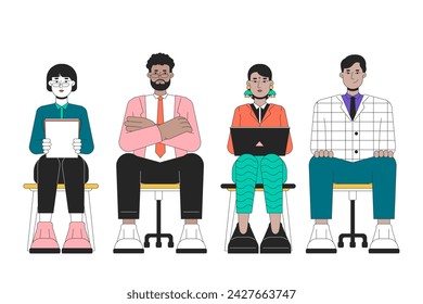 Diverse candidates job seeking line cartoon flat illustration. Diversity recruitment 2D lineart characters isolated on white background. Hiring applicants sitting chairs scene vector color image