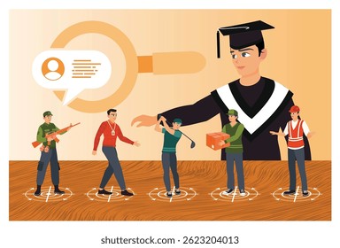 Diverse career options, presented with icons of individuals in various roles, encapsulating the aspirations and opportunities post-graduation. Staff recruitment concept.  Flat vector illustration
