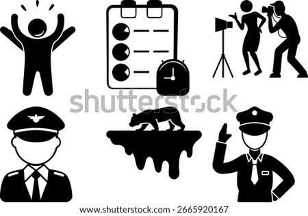 Diverse Career Pictograms Set Featuring Excitement Time Management Entertainment And Security