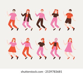 Diverse cartoon characters in casual dance poses. Illustration featuring various people in vibrant outfits, showing unique and playful movements. Perfect for creative, inclusive designs and animation.