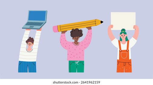 Diverse cartoon characters holding oversized objects above their heads. Laptop, giant pencil and blank sign. Vector illustration. Creative concept for teamwork, communication, education, protest