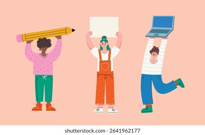 Diverse cartoon characters holding oversized objects above their heads. Laptop, giant pencil and blank sign. Vector illustration. Creative concept for teamwork, communication, education, protest