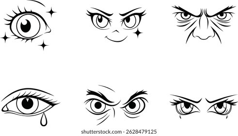 Diverse cartoon eye expressions black and white vector illustration set