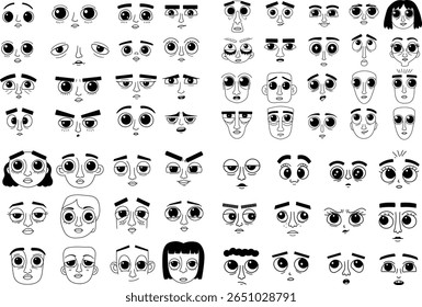 Diverse Cartoon Faces An Exploration of Emotions and Expressions in Black and White Line Art Characters for Creative Projects