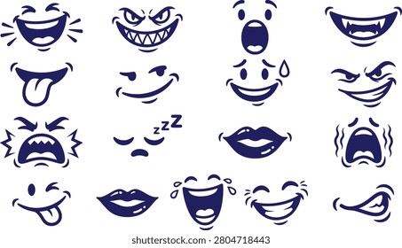 Of diverse cartoon faces expressing emotions and sleeping smile laugh wink