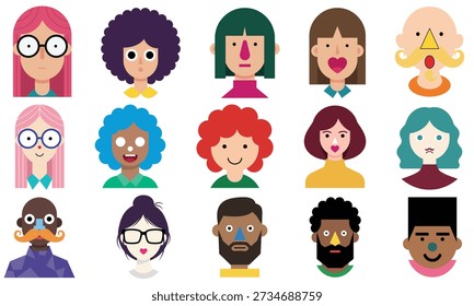 Diversas caras de dibujos animados con diversas expresiones y accesorios