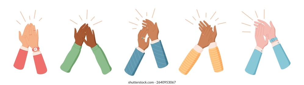 Diverse cartoon hands in applause and cheer set. Set of colorful clapping gestures symbolizing celebration and solidarity. Unity through human connection positive energy. Creative symbol for group