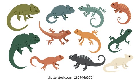 Diverse cartoon style lizards in vibrant colors and poses