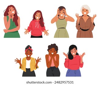 Diverse Cartoon Women Showing Surprise And Excitement. Young And Mature Female Characters Captured In Joyful And Animated Style Expressing Happiness, Excitement, Diversity. Vector People Illustration