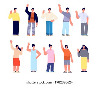 Diverse casual characters. People community, happy young women group. Cartoon student hello hand gesture, friendly boys girls utter vector set