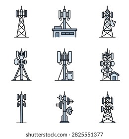 Diverse cellular network masts and communication tower icons.