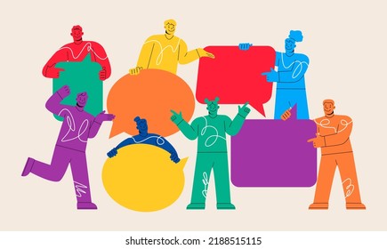 Diverso grupo de personajes hablando. Red social, estilo plano, noticias, concepto de conversación. Ilustración del vector
