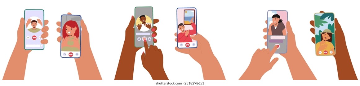 Mãos De Personagem Diversos Segurando Smartphones Para Bate-Papos De Vídeo Destacando Conexão E Comunicação Entre Culturas Isoladas No Fundo Branco. Ilustração do vetor de pessoas do desenho animado