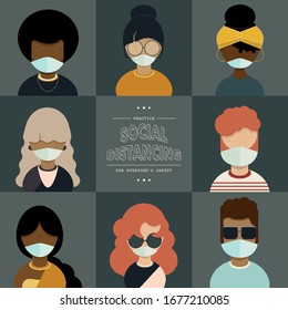 Diverse Character Set Wearing Medical Masks, Coronavirus Pandemic Concept, with Text: Practice Social Distancing For Everyone's Safety