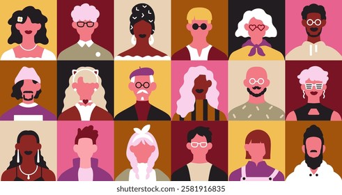 Diverse characters, avatars grid. Different people head portraits pattern in modern style. Creative men, women, abstract faces. Fashion stylish male and female set. Colored flat vector illustration