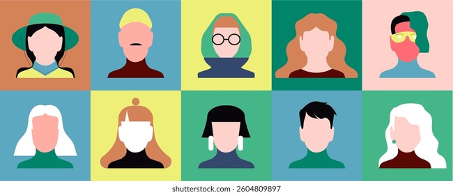 Diverse characters, avatars grid. Different people head portraits pattern in modern style. Creative men, women, abstract faces. Fashion stylish male and female set. Flat vector illustration
