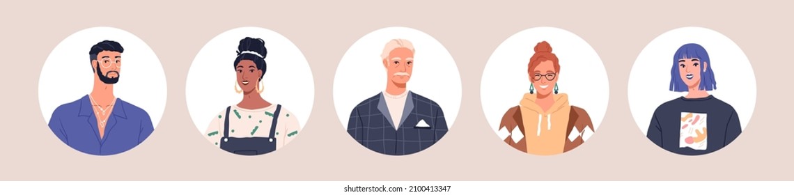 Diverse characters avatars set. Face portraits of users. Different men and women with positive emotions. Happy smiling young and elderly people heads in circles. Colored flat vector illustrations