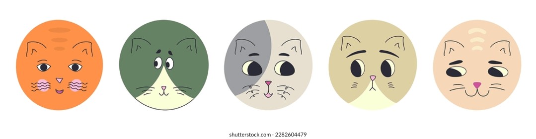 Diverse characters, black eyes cats. Bundle graphic, abstract shapes, cute kitten. Colored flat illustration
