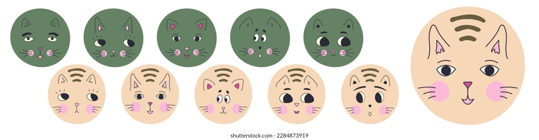Diverse characters, black eyes cats. Mascot design, different faces, rounded kitten muzzle. Personage for social networks
