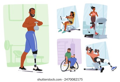 Diverse Characters With Disabilities Actively Engage In Various Gym Exercises, Demonstrating Strength And Resilience. Focused Wheelchair User, Women And Men With Prosthetic Limbs Workout and Training