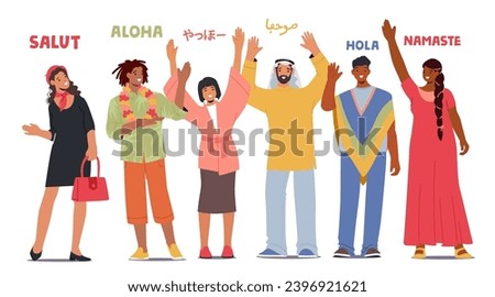 Diverse Characters Exchanging Greetings, Expressing Goodwill In A Myriad Of Languages, Fostering Unity And Celebrating Global Diversity Through Warm Salutations. Cartoon People Vector Illustration