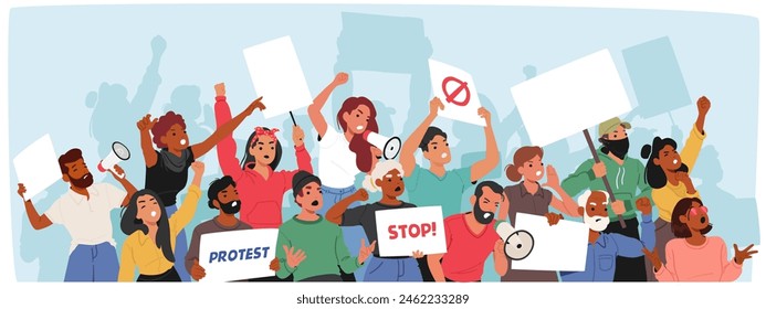 Diverse Characters Group Engaging In A Demonstration. Men And Women Energetically Protest, Holding Signs With Slogans And Shouting, Embodying A Scene Of Activism And Community Engagement, Vector Scene