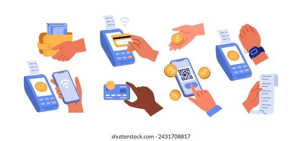 Diverse characters hands paying wireless with credit card, smartphone and smart watch by POS terminal. Contactless payment and cash concept. Vector illustration isolated on white background 