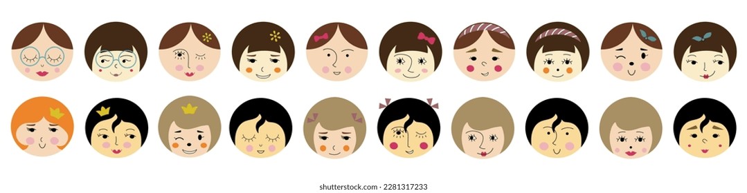 Diverse characters, handsome girlish faces. Cute mascots, various emotions, female guise. Colored flat illustration
