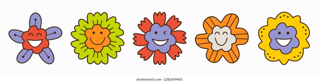 Diverse characters, laughs flowers. Bundle graphic, abstract shapes, colorful smiling face. Colored flat illustration
