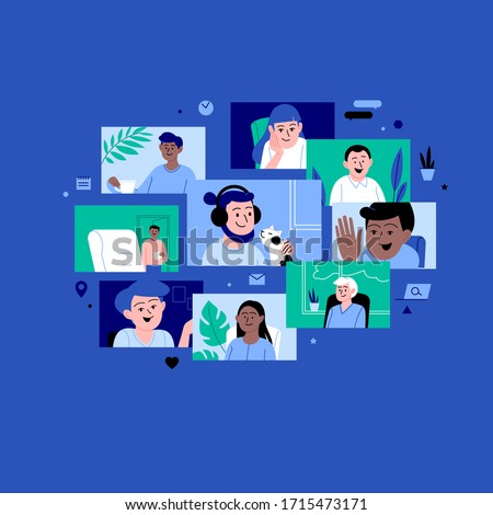 Diverse characters participating in the online conference call. Friends meeting up online. Team working from home via video call. 