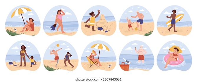 Diverse characters in a swimsuit spending time on the beach set. People relaxing, sunbathing, doing sport and playing. Summer time vacation. Family activities. Flat vector illustration