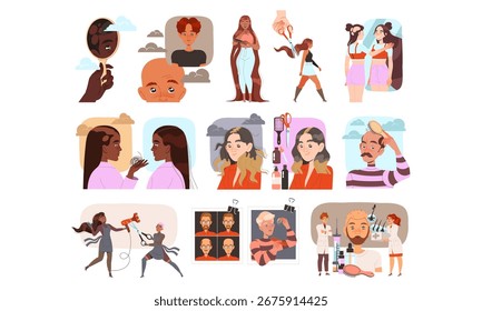 Diverse Characters and Various Scenes Represented in a Modern Illustrative Art Style