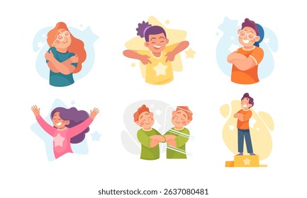 Diverse Characters with Vibrant Personalities Expressing Various Emotions with Stars and Awards