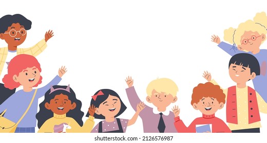 Diverse cheerful children waving hands, banner template with copy space for text - flat vector illustration on white. Concepts of diversity, international friendship and unity.