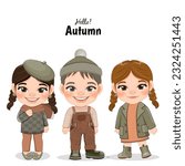 Diverse children in autumn season outfits. Autumn girl and boy cartoon characters. Vector illustration