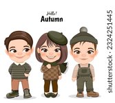 Diverse children in autumn season outfits. Autumn girl and boy cartoon characters. Vector illustration