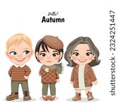 Diverse children in autumn season outfits. Autumn girl and boy cartoon characters. Vector illustration
