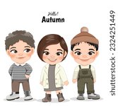Diverse children in autumn season outfits. Autumn girl and boy cartoon characters. Vector illustration