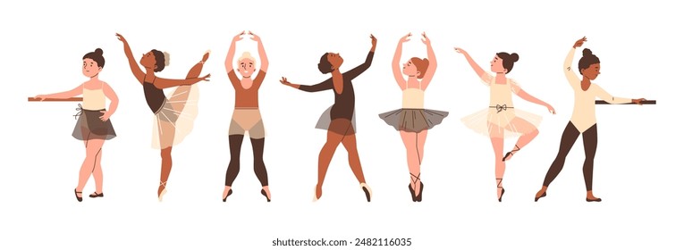 Diverse children ballet class. Vector illustration of young dancers in various poses, practicing in tutus and leotards.