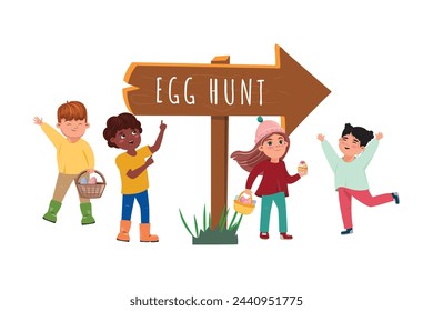 Diverse children with baskets brimming with painted eggs, rejoice together next to the festive Egg Hunt shield, ready for a delightful adventure